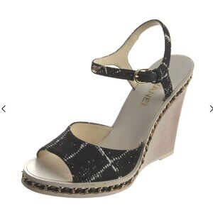 CHANEL Black CC Logo Chain Link Accent Wedge Sandals